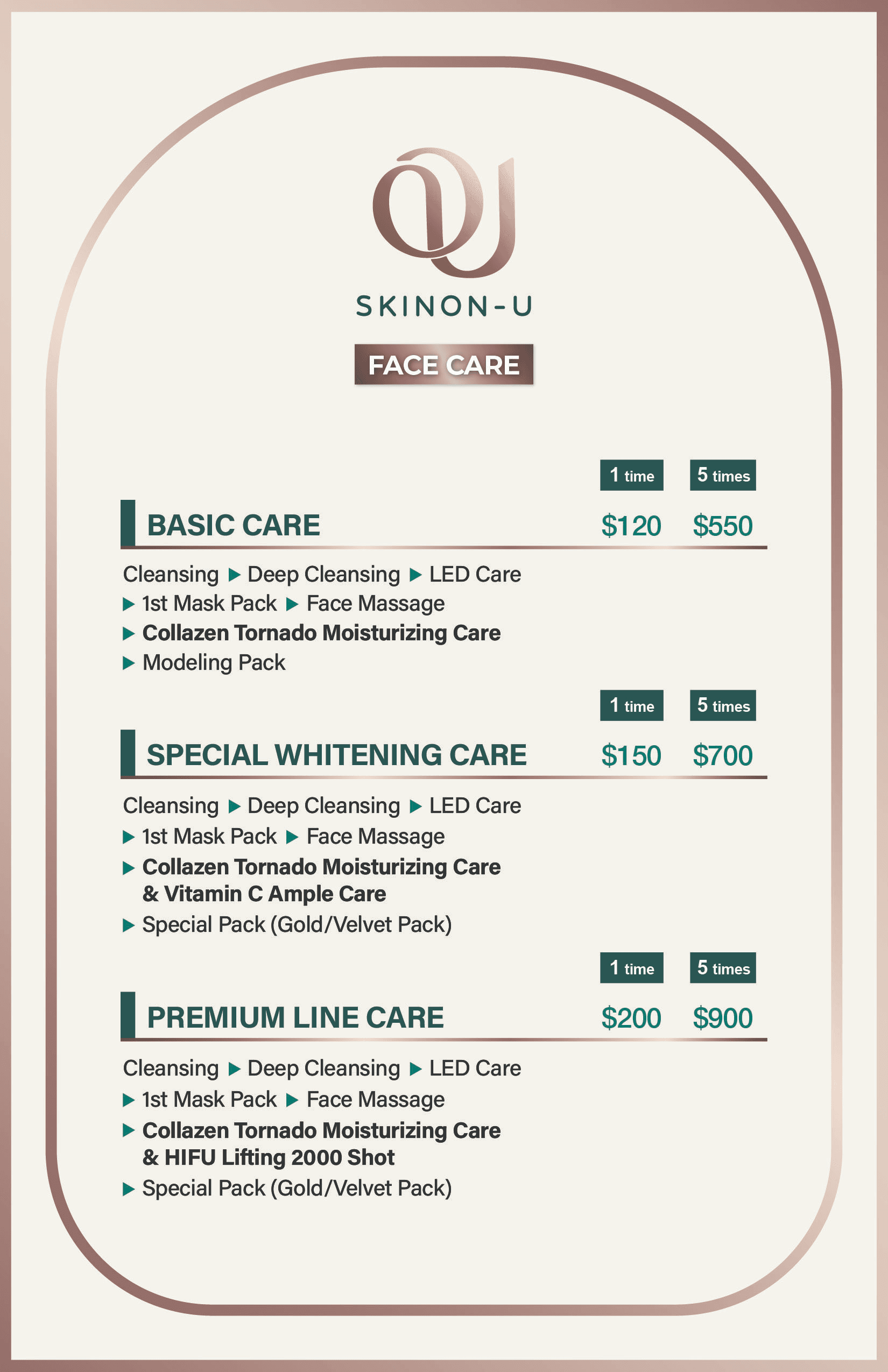 SKINON-U face care menu and pricing